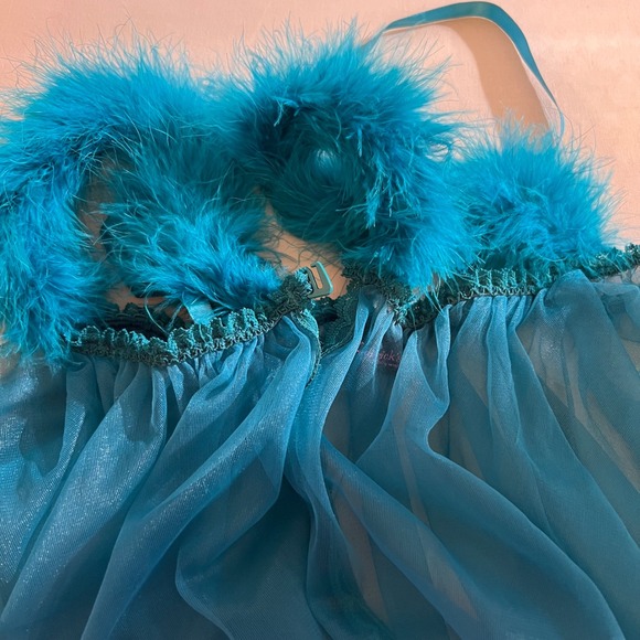 Vintage Frederick's of Hollywood Teal Feather Trim Sheer Babydoll Robe Y2K - Picture 10 of 13